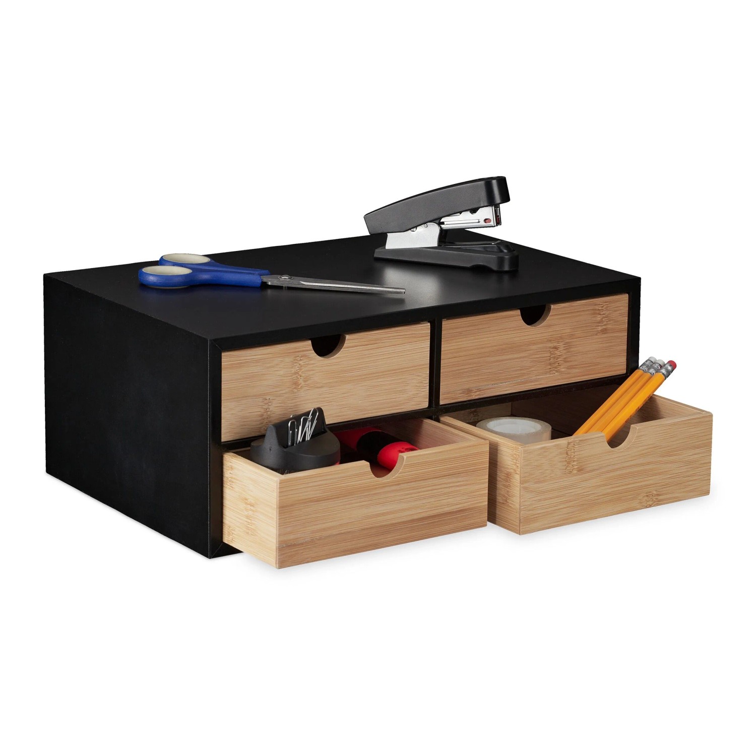 Relaxdays Schreibtisch Organizer Bambus MDF Schwarz Natur mit 4 Schubladen 13,5 cm x 33 cm x 21 cm 2,5 kg
