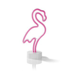 Easymaxx Tischleuchte Flamingo Pink in Neon-Optik auf weißem Sockel.