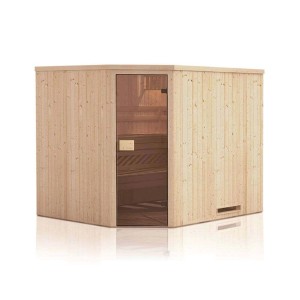 Finntherm Sauna Corner, naturbelassen, aus Fichte mit Glastür. Massivholzsauna für entspannte Stunden.