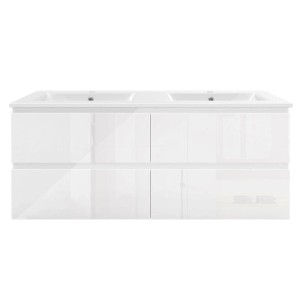 Weißer Hochglanz Waschtisch 120cm mit Doppel-Keramikwaschbecken und Unterschrank. Modernes Badmöbel Set.