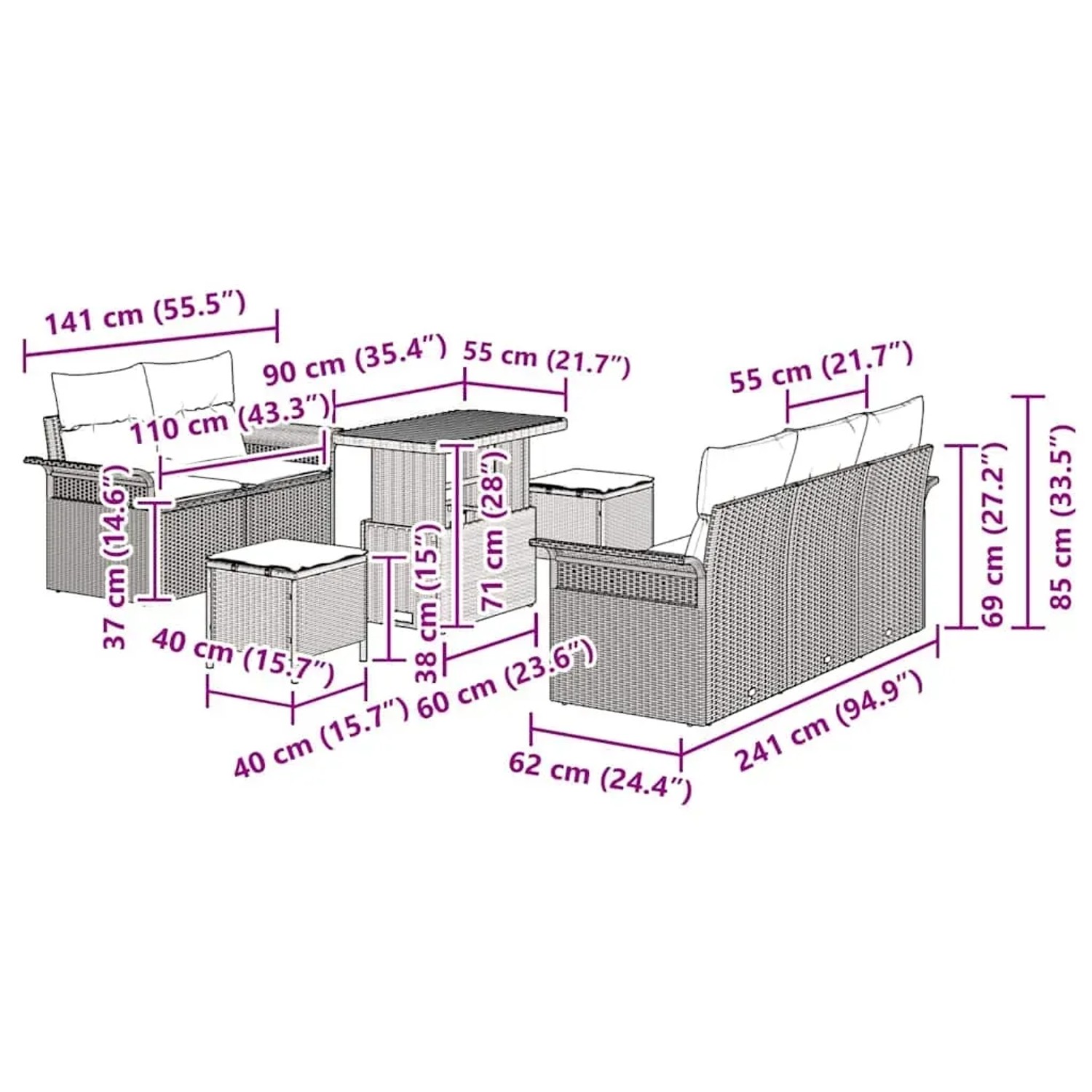 Graues 8-tlg. vidaXL Garten-Sofa-Set aus Poly Rattan mit höhenverstellbarem Tisch und Hockern.