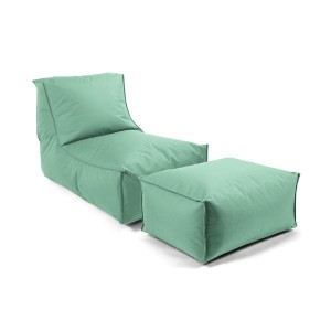 Grüner mokebo Sitzsack Sundowner mit Hocker für Kinder und Erwachsene, ideal für Garten und Balkon.