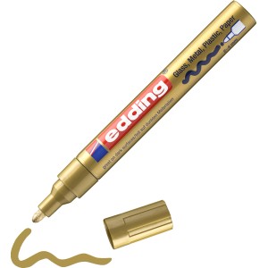 Edding E-750 Paintmarker Gold mit Kappe und Farbbeispiel.