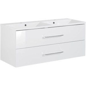 Fackelmann Doppelwaschtisch B.clever, 120 cm, Weiß Hochglanz mit zwei Schubladen und chromfarbenen Griffen.