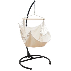 Beiger AMANKA XL Hängesessel mit schwarzem Gestell, geeignet für Garten und Terrasse.