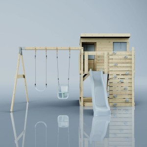 PolarPlay Spielturm Nils mit Babyschaukel und Rutsche. Holzspielturm mit Kletterwand.