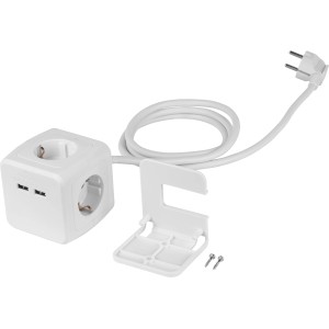 Weißer Steckdosenwürfel mit 4 Steckdosen, 2 USB-Anschlüssen, Kabel und Halterung.