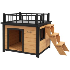 PawHut Hundehütte aus gelbem Tannenholz mit Balkon, Treppe und Fenster. Erhöhter Hundezwinger.