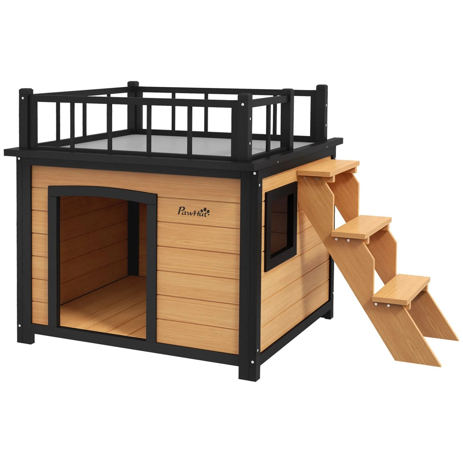 PawHut Hundehütte mit Balkon Treppe Fenster Tannenholz Gelb 121 x 77 x 78 cm