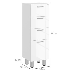 Weißer kleankin Badezimmerschrank (30x30x93cm) mit 4 Schubladen und silbernen Griffen.
