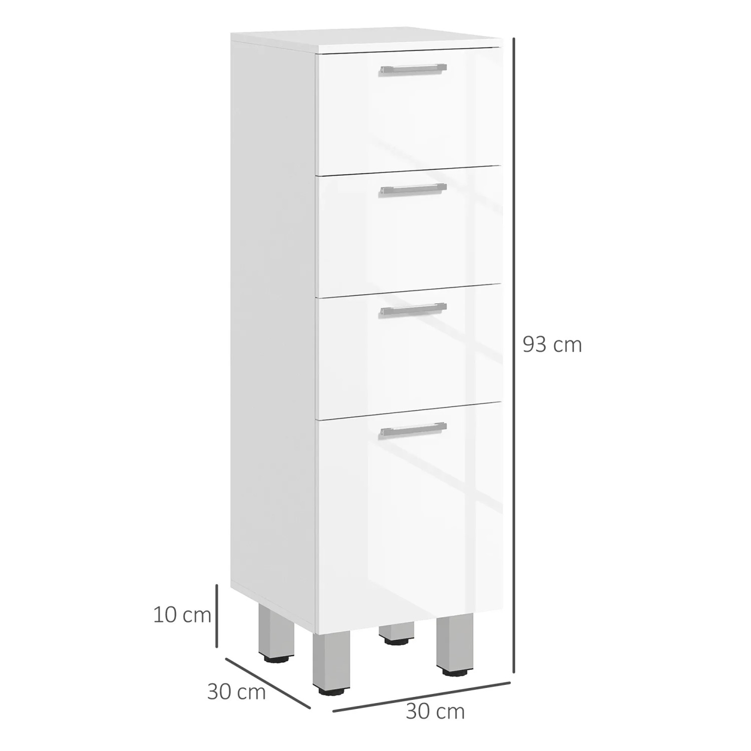 Weißer kleankin Badezimmerschrank (30x30x93cm) mit 4 Schubladen und silbernen Griffen.