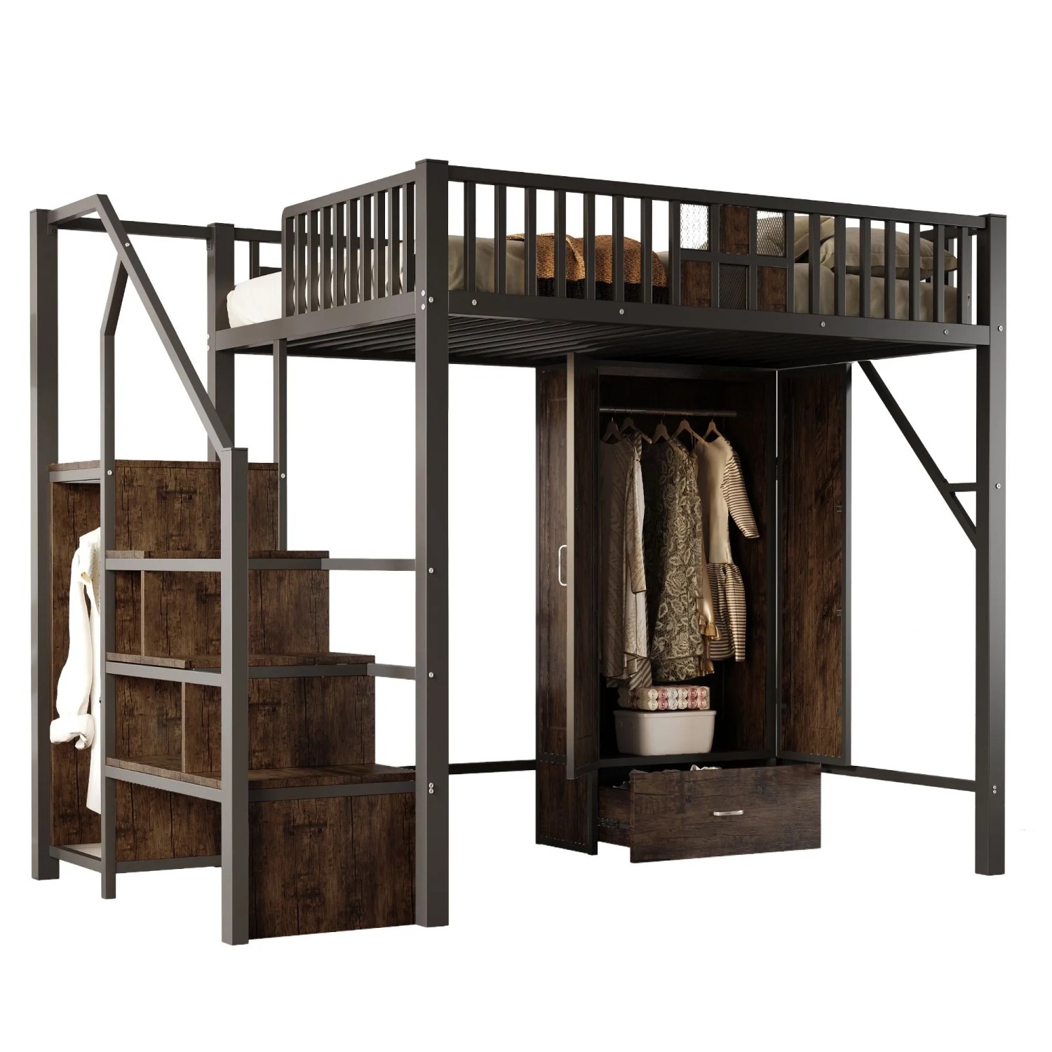 okwish Hochbett 140x200cm mit Kleiderschrank Schubladenleiter Jugendbett Schwarz ohne Matratze