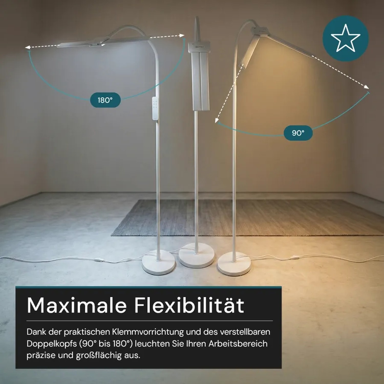 Flexible, weiße LUXULA LED Schreibtischlampe Doppelkopf in verschiedenen Positionen.