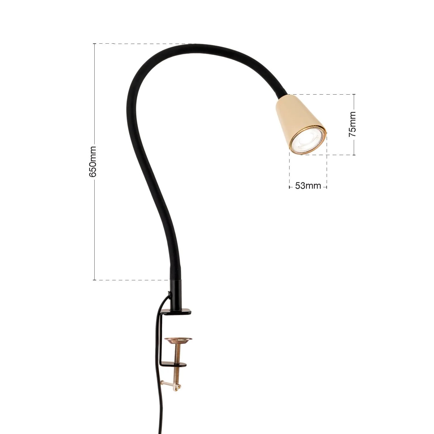 Orion Klemmleuchte Dotty: schwarzer Schwanenhals, beiger GU10 Leuchtenkopf. Flexible Innenleuchte mit Klemmfunktion.