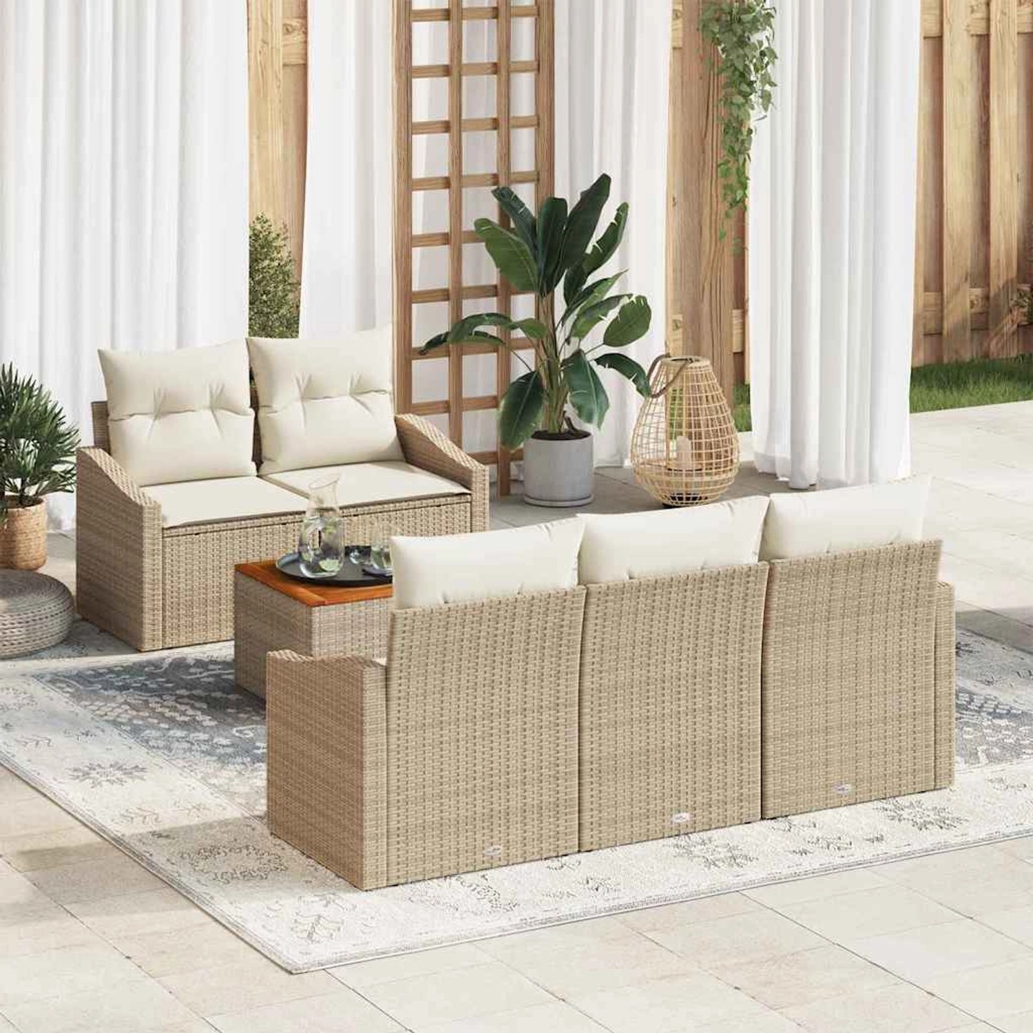 Beige-weißes 6-teiliges Garten-Sofa-Set aus Rattan mit Tisch für Terrasse und Garten.