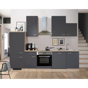 Moderne Küchenzeile Morena in Basaltgrau matt und San Remo Eiche hell mit E-Geräten.