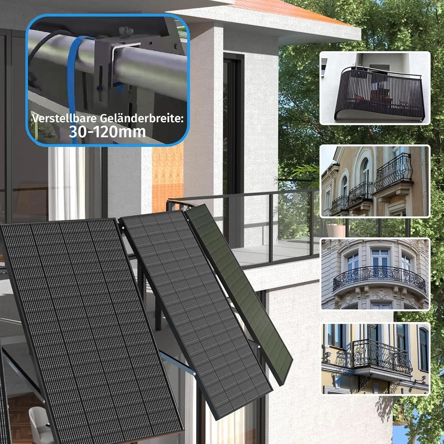 SUNSHARE Balkonkraftwerk 200W mit Geländerhalterung, schwarze Solarmodule am Balkon.