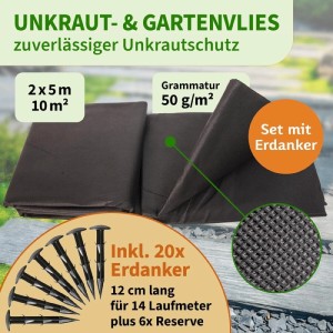 Schwarzes Unkrautvlies 2x5m mit 20 Erdankern, Gartenvlies/Mulchvlies für Beete und Wege.