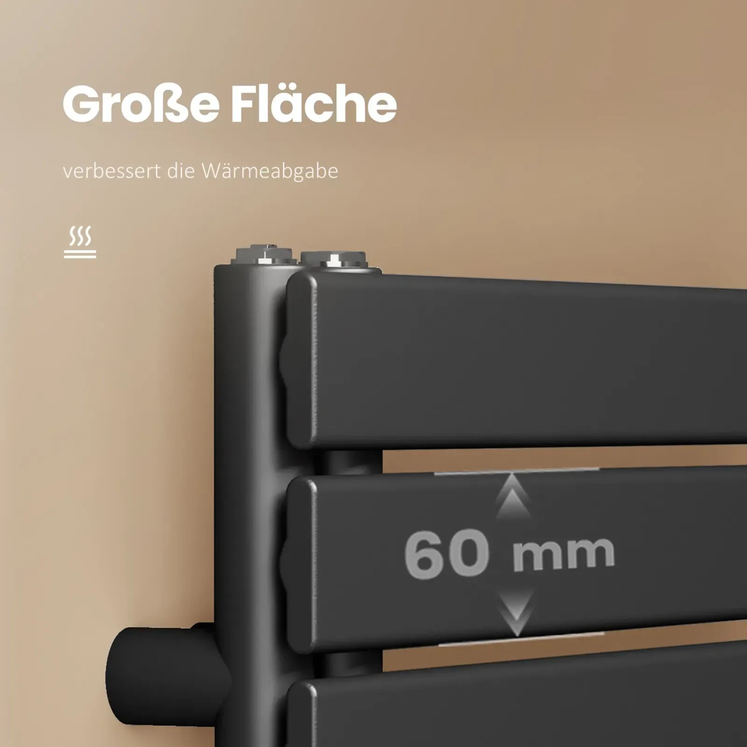 Detailaufnahme: Schwarzer Emke Badheizkörper (100x50cm) mit 60mm Abstand zwischen den Heizstäben.