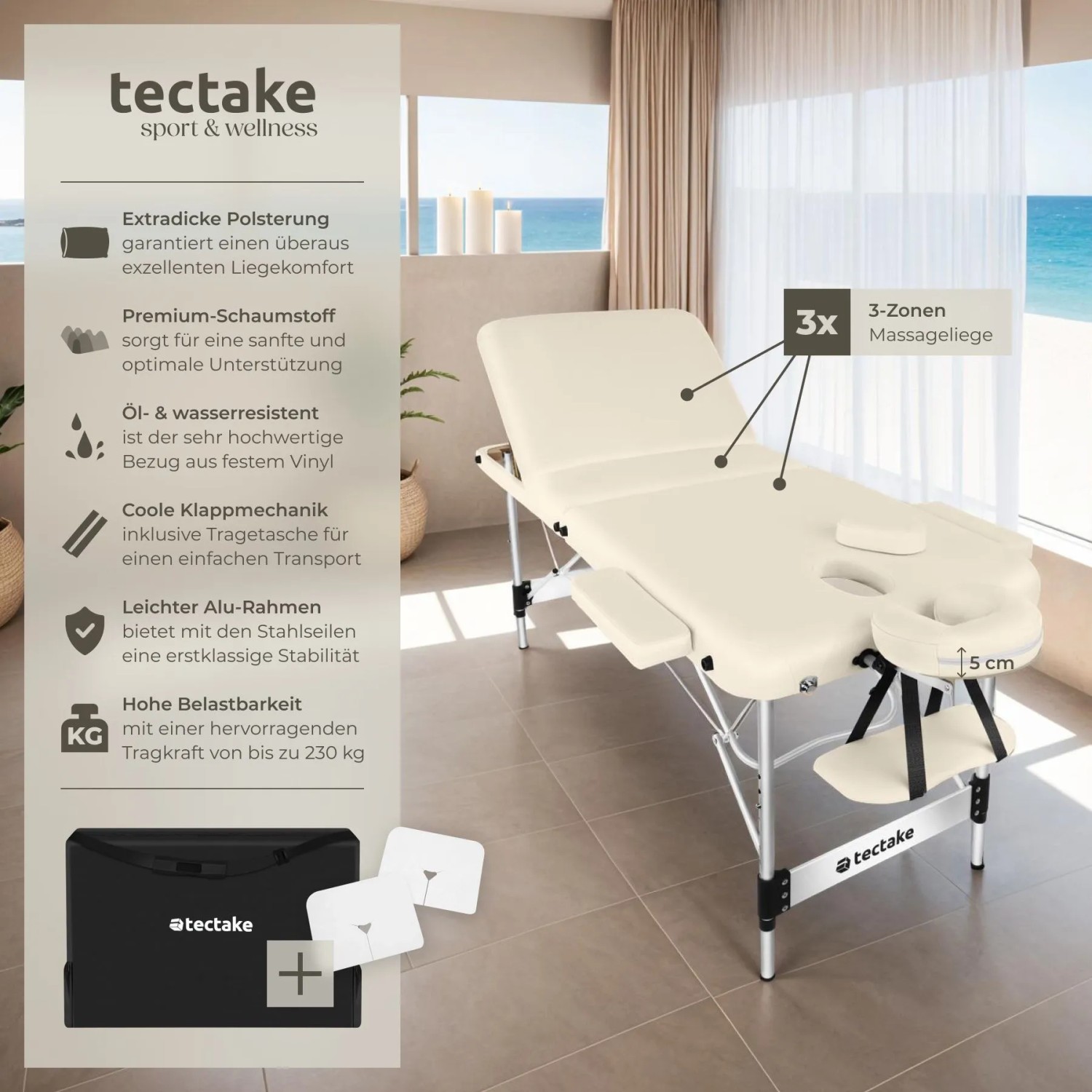 Tectake 3 Zonen Massageliege Phuket Breite 70 cm  Polsterung 5 cm Inklusive Tragetasche und 15 Einwegtücher  212 x 103 x 90 cm Beige_2