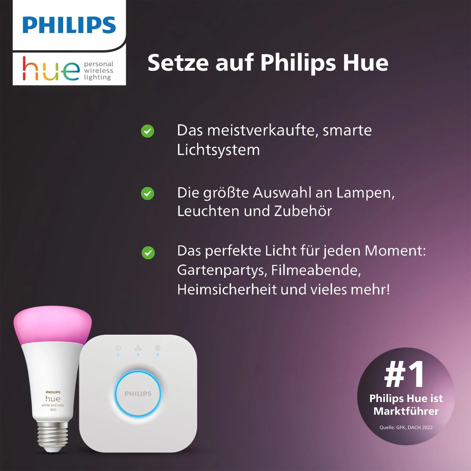 Philips Hue Lampe und Bridge: Intelligente Beleuchtung für Ihr Zuhause. Smarte Lichtsteuerung mit großer Auswahl.