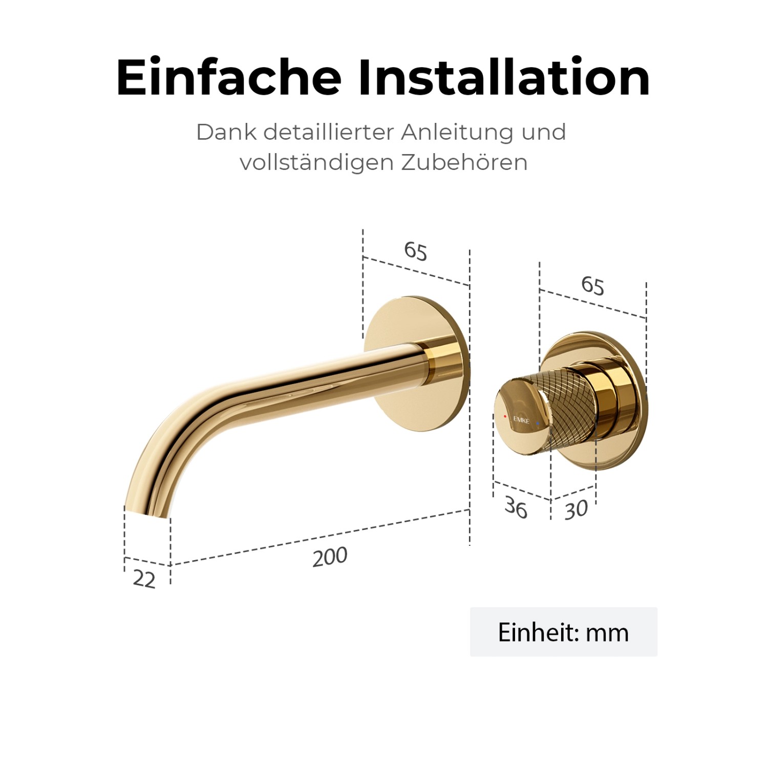 Emke Waschtischarmatur Unterputz für Wandmontage Champagnergold Wasserhahn Badarmatur_8