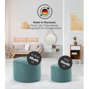 Petrolfarbene mokebo Hocker in zwei Größen als Sitzhocker oder Fußhocker.