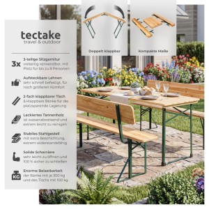 Tectake Bierzeltgarnitur Franz Ii 3 Teilig  Klappbar  Abnehmbare Rückenlehnen Tisch 170 x 69 x 77 cm  Bank 170 x 41 x 83 cm  170 x 69 x 76 cm Braun