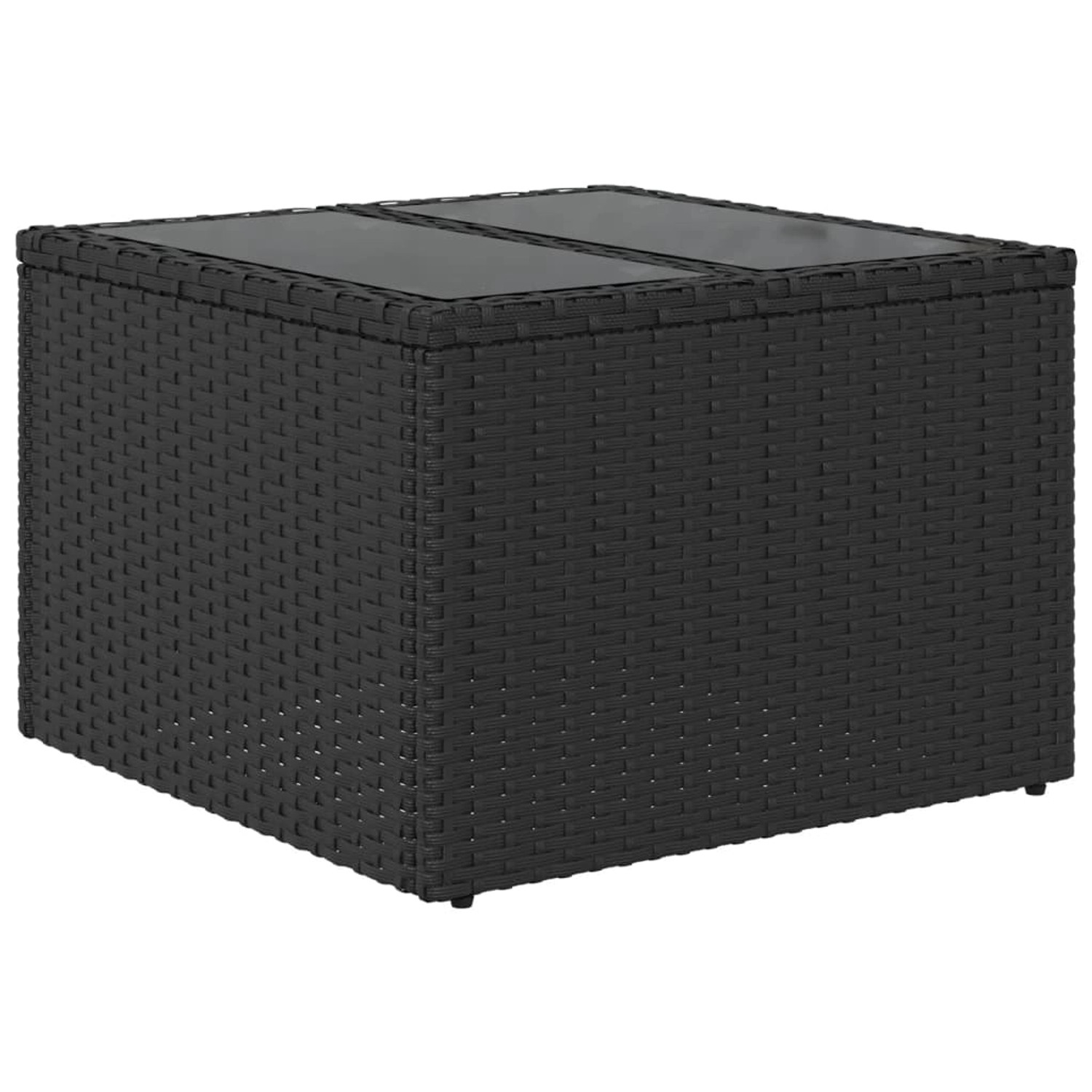 Schwarzer vidaXL Gartentisch mit Glasplatte, Poly Rattan, quadratisch, 55x55x37 cm.