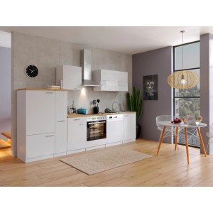 Weiße Respekta Küchenzeile KB310WWC (310 cm) mit E-Geräten und Spüle in modernem Küchendesign.