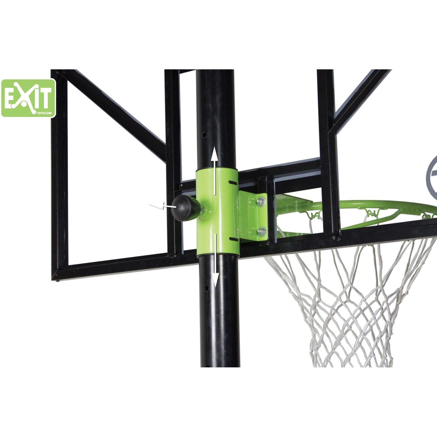 Detailaufnahme: Höhenverstellung des EXIT Comet Basketballkorbs in Grün/Schwarz.