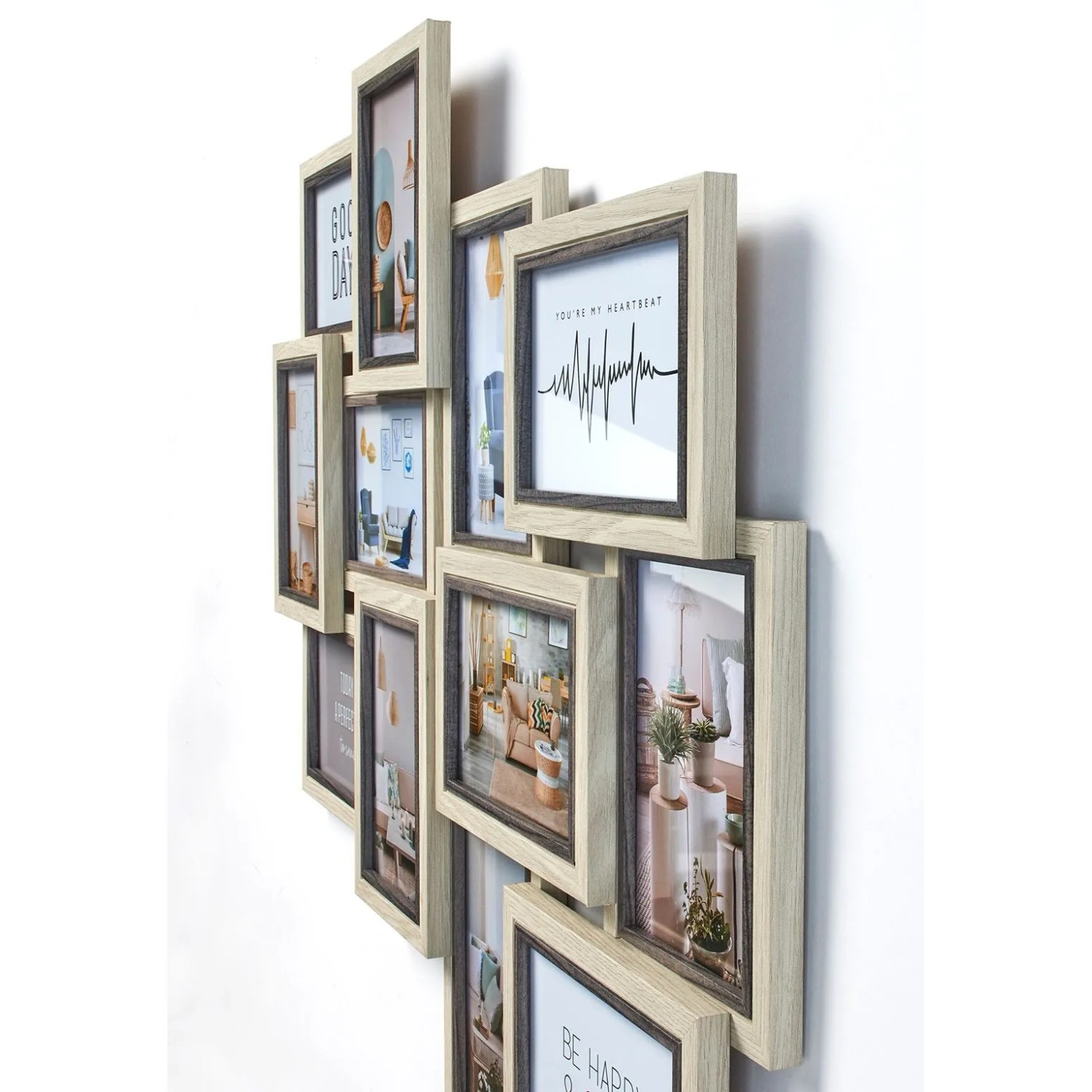 Kobolo Mehrfachbilderrahmen AVI aus Holz, Grau Natur, für 12 Bilder. Moderne Fotocollage als Wanddeko.