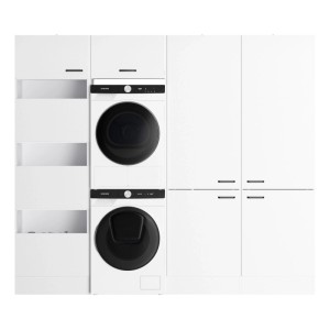 OPTIFIT Waschsäulen-Set Bonn214, 243,2x210x57,1 cm, Weiß, mit Waschmaschine, Trockner und Schränken.