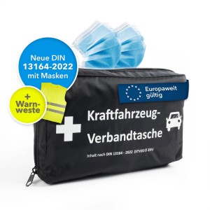 KARAT KFZ-Verbandtasche mit Warnweste und Masken nach DIN 13164-2022, Erste Hilfe Set für Auto & Motorrad.