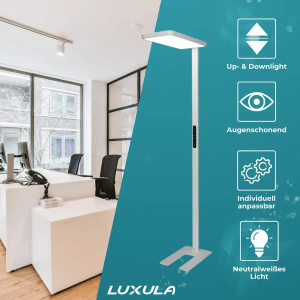 Weiße LUXULA LED Stehlampe mit Up/Downlight für Büro, dimmbar und augenschonend.