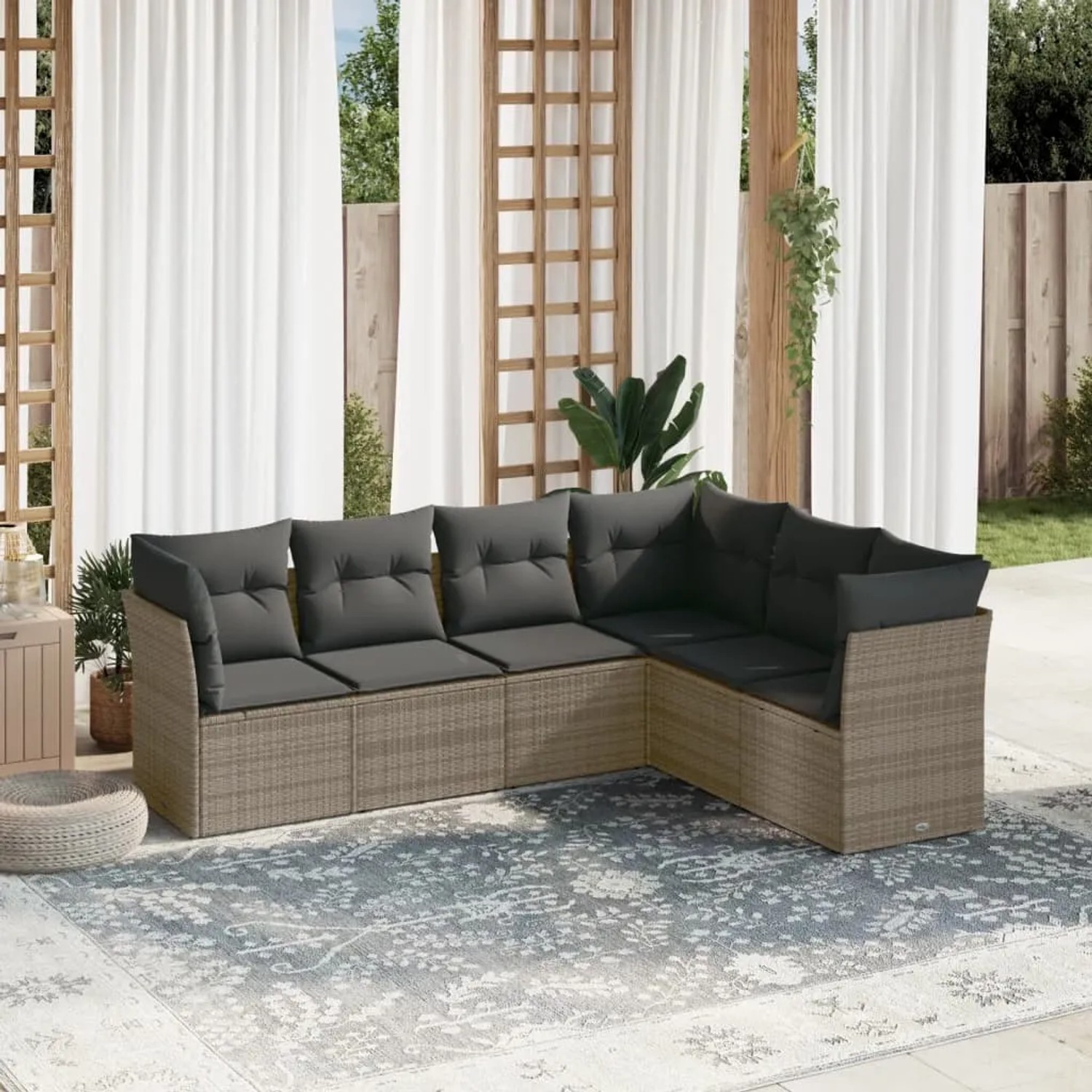 Graue 6-tlg. vidaXL Garten-Sofagarnitur aus Polyrattan mit Kissen für Terrasse oder Garten.
