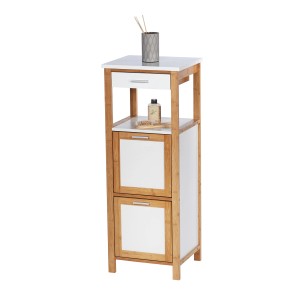 Wenko Regal Finja aus Bambus mit 2 Ablagen, 2 Fächern und Schublade, braun/weiß, 34x89x30cm.