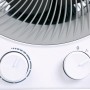 Detailansicht: Weißer 2in1 Heizlüfter und Ventilator mit Drehreglern.