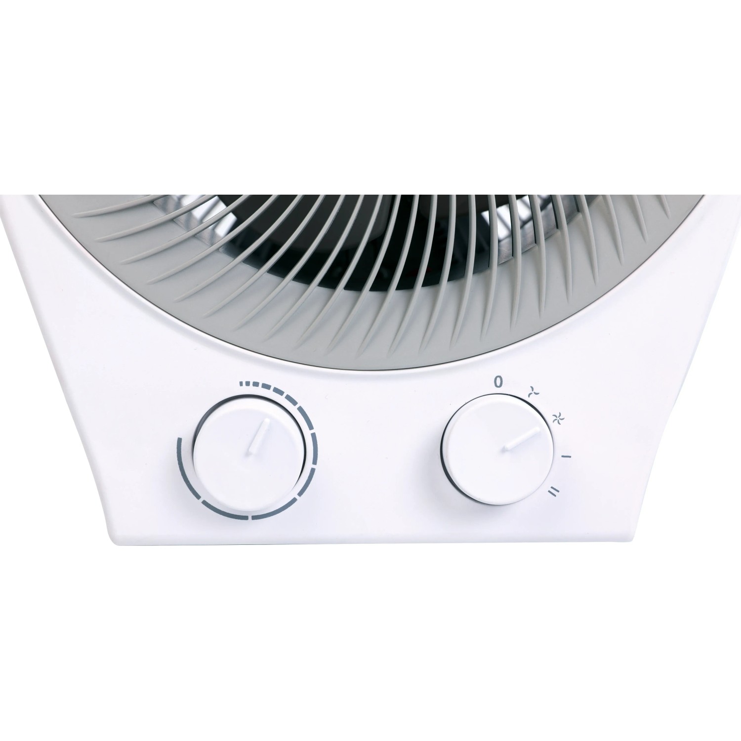Detailansicht: Weißer 2in1 Heizlüfter und Ventilator mit Drehreglern.