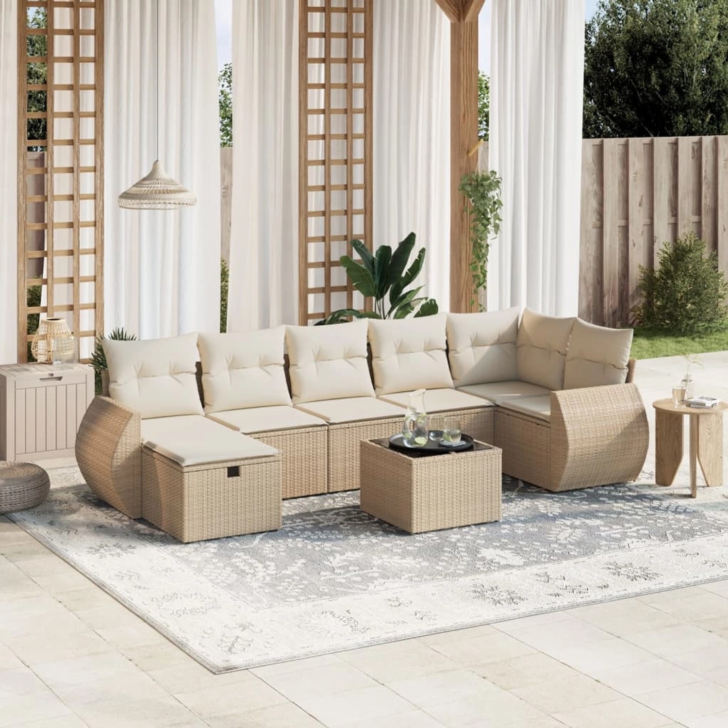 Beige 8-tlg. vidaXL Garten-Sofagarnitur aus Poly Rattan mit Kissen.