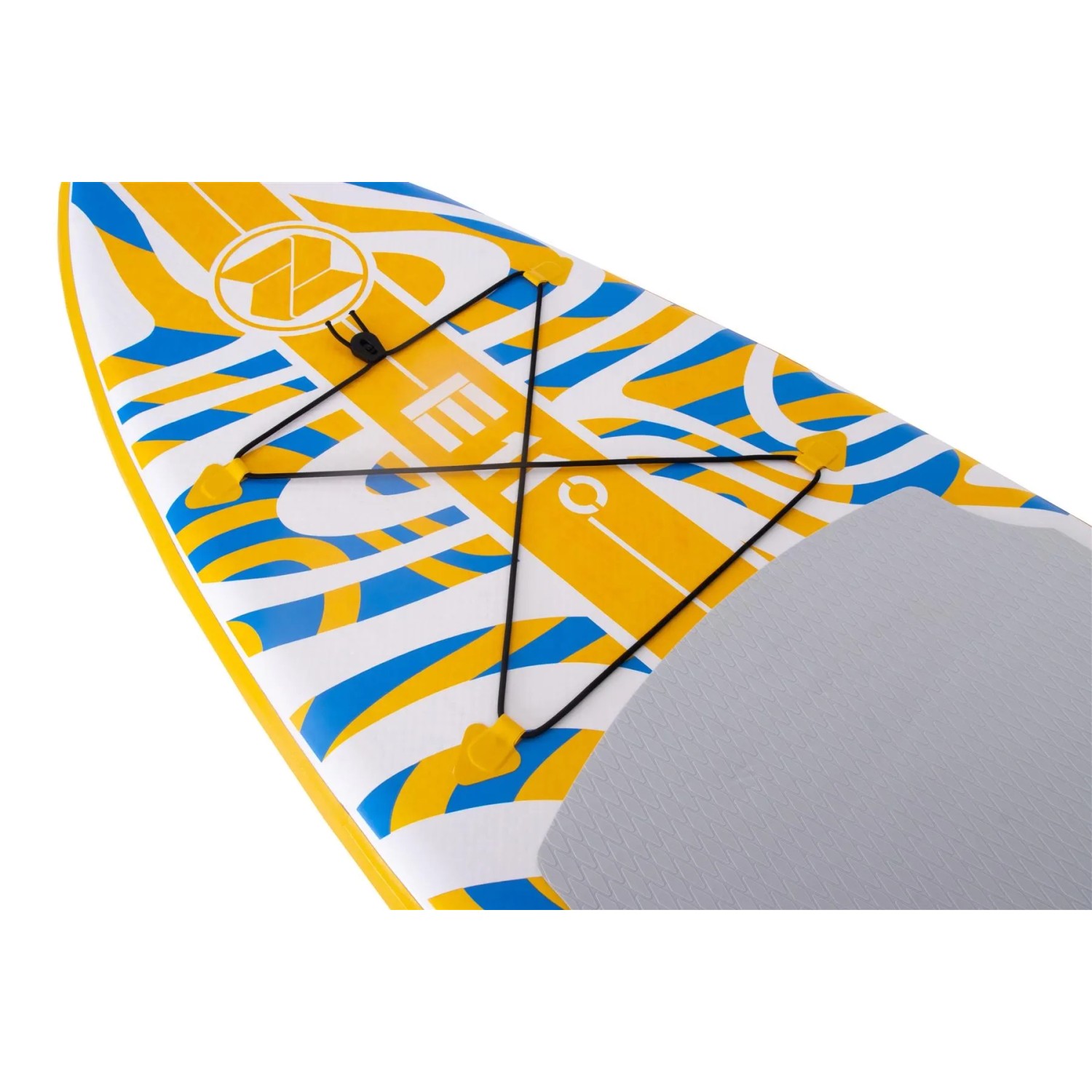 Detailaufnahme: Gelbes ZRAY Stand Up Paddle Board (SUP) mit Gepäcknetz.