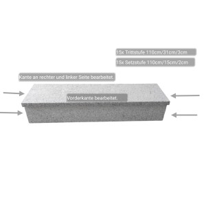 Pedras Salgadas Außentreppenbelag, geflammt, 110cm breit, für max. 18,5cm Steigung. Granit Treppenstufen Set.