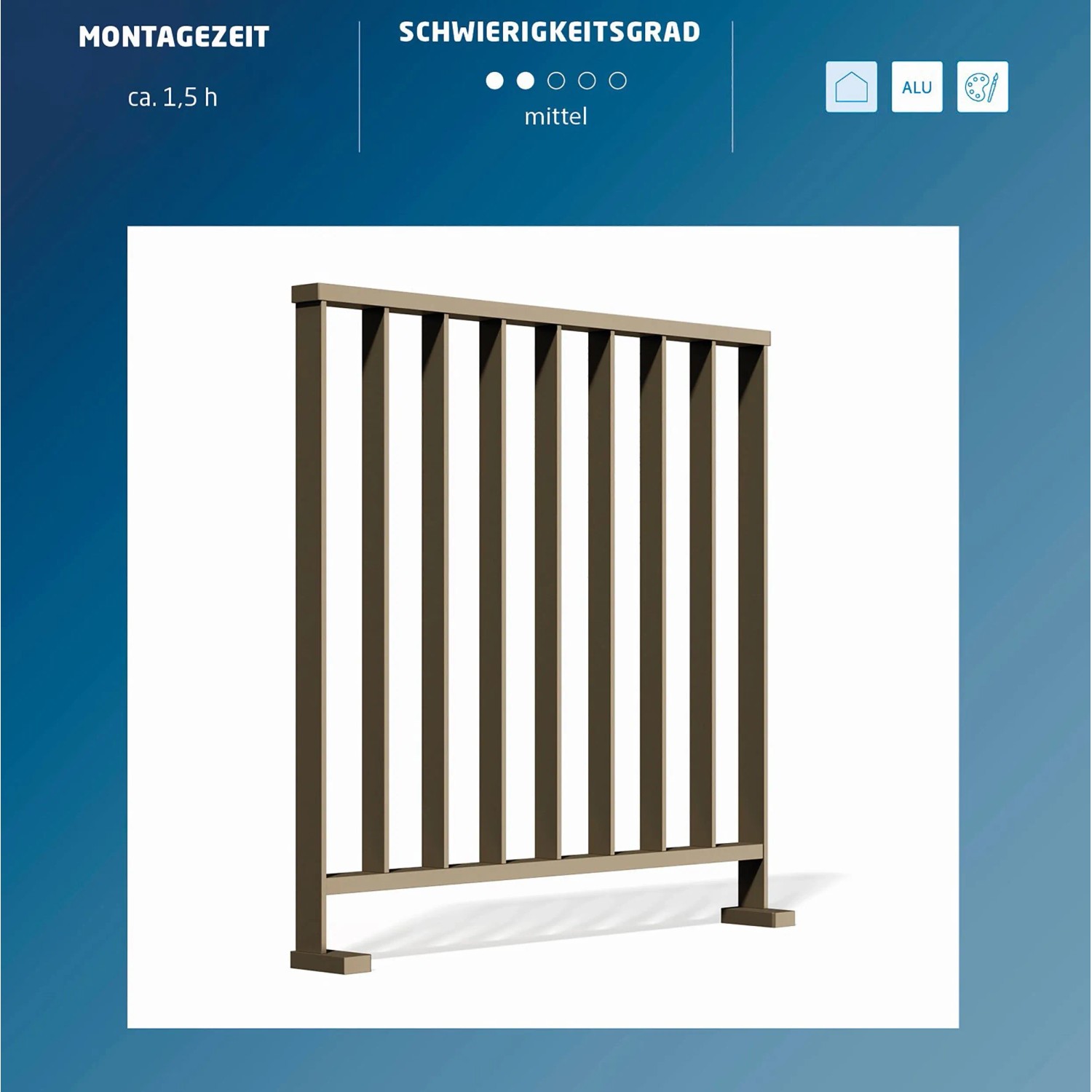 Anthrazitfarbenes Aluminium Geländer Komplett-Set Linus, 1 m, für die Montage von oben.