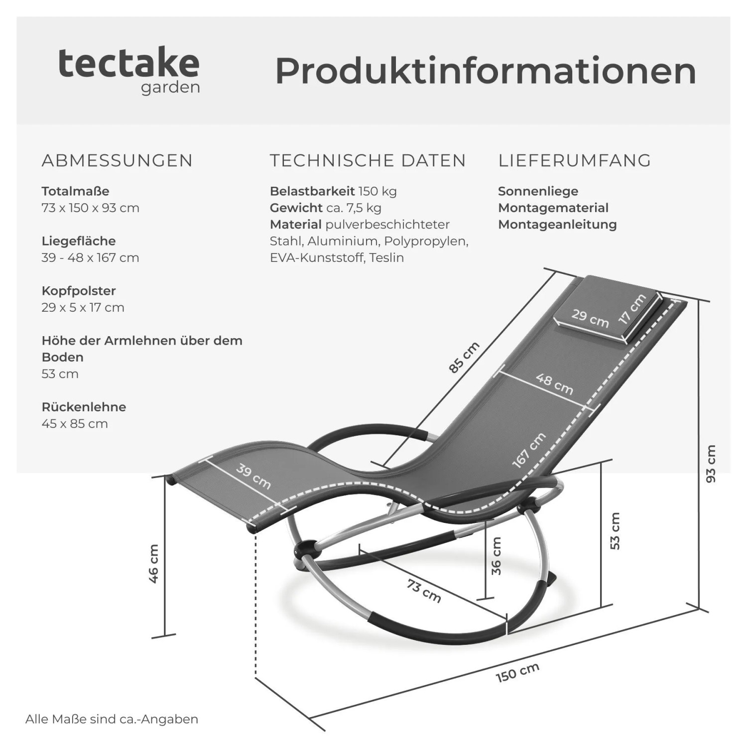 Tectake Sonnenliege Paulina Mit Textilene Ergonomisch  Atmungsaktiv  Widerstandsfähig und Faltbar  150 x 73 x 93 cm Grau_6