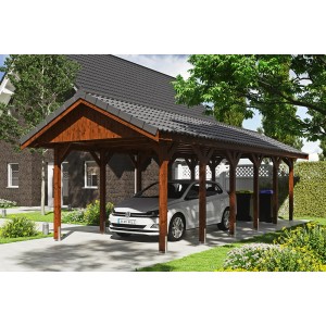 Nussbaumfarbener Satteldach-Carport Wallgau mit Dachlattung und geparktem Auto.