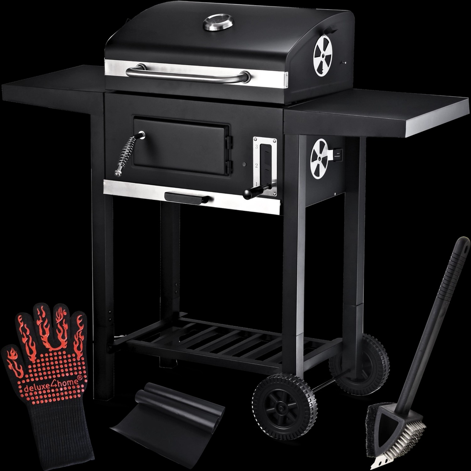 deluxe4home Holzkohlegrill mit Deckel Grillwagen 2 Ablagen Thermometer