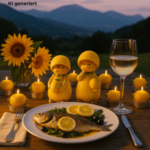 4er Set gelbe Zitronenkinder als Gartenfiguren und Deko für Tisch mit Fisch, Kerzen und Wein.