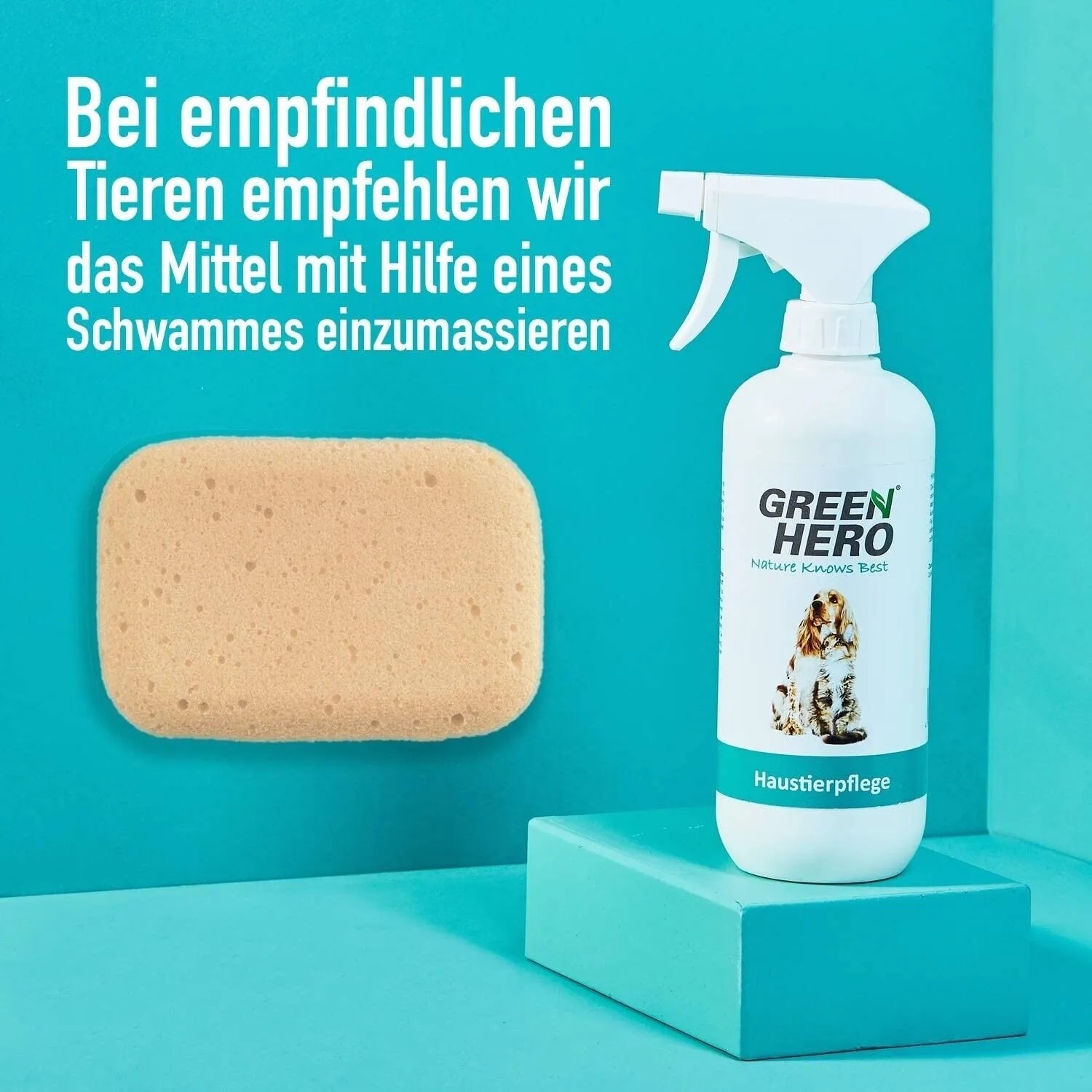 GreenHero Haustierpflege Spray gegen Juckreiz und Milben mit Schwamm.