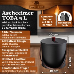 Schwarzer BLACK OAK Ascheeimer TOBA 5L mit Deckel und Kunstledergriff für Kamin und Grill.