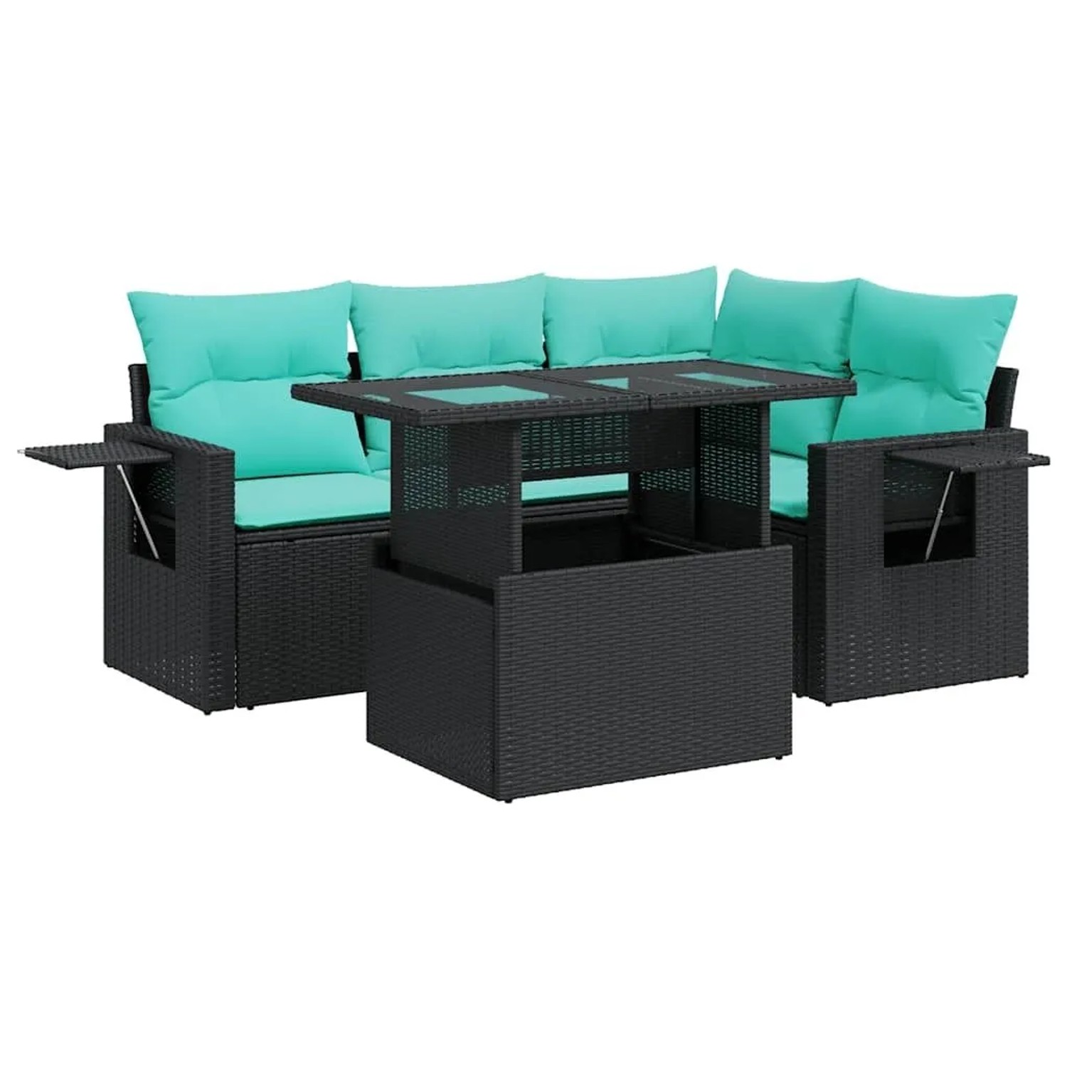vidaXL 5 Tlg Garten-Sofagarnitur mit Kissen Schwarz Poly Rattan Akazie 3326468